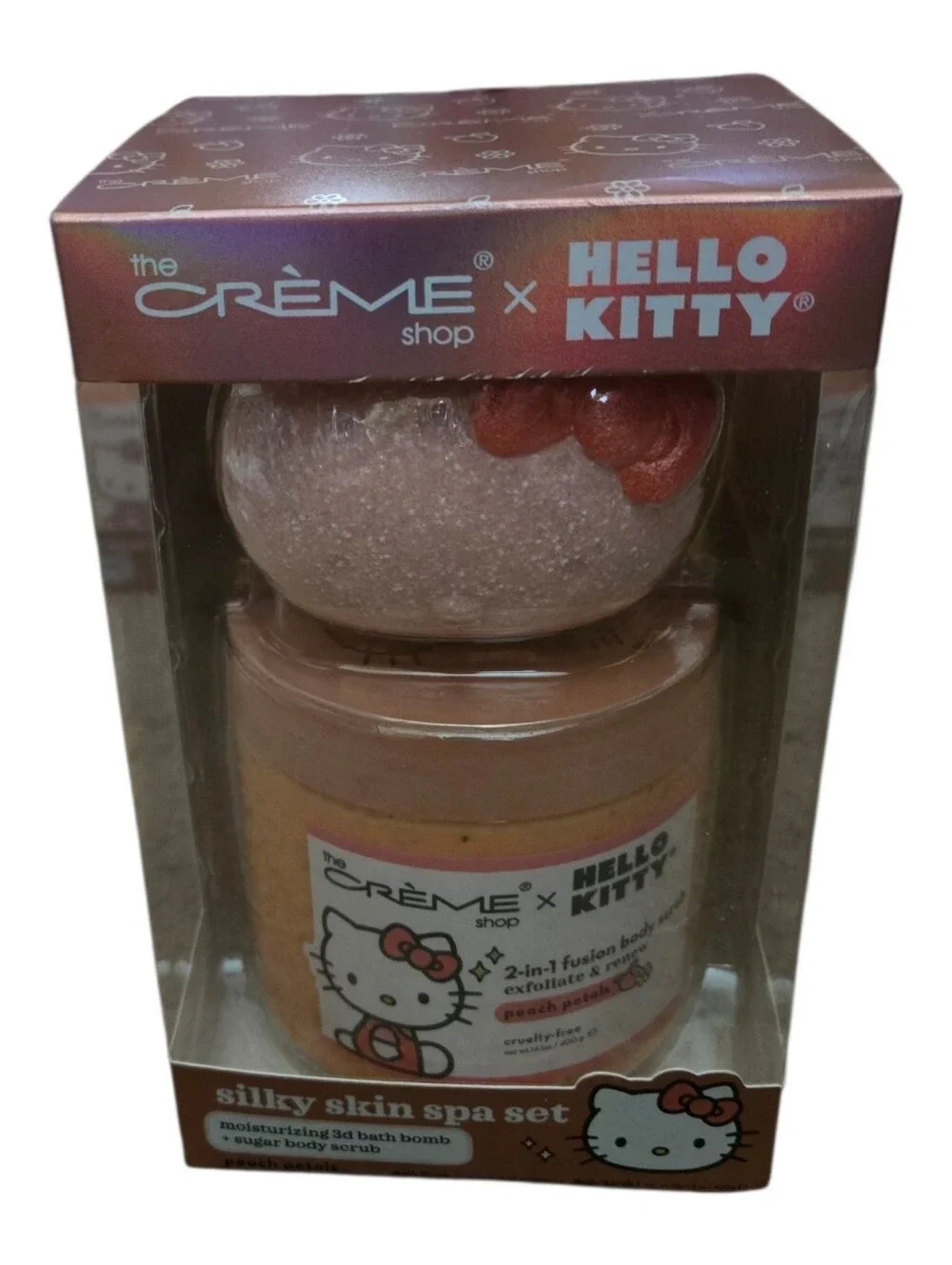 Crème Shop Hello Kitty Set — Peach Petal Body Scrub & Bath Bomb Duo Getting One
